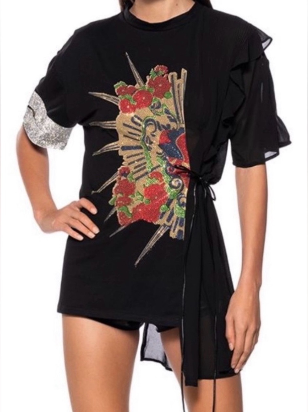 Akira Black Graphic Tie-Waist Tunic with Metallic Embellishment